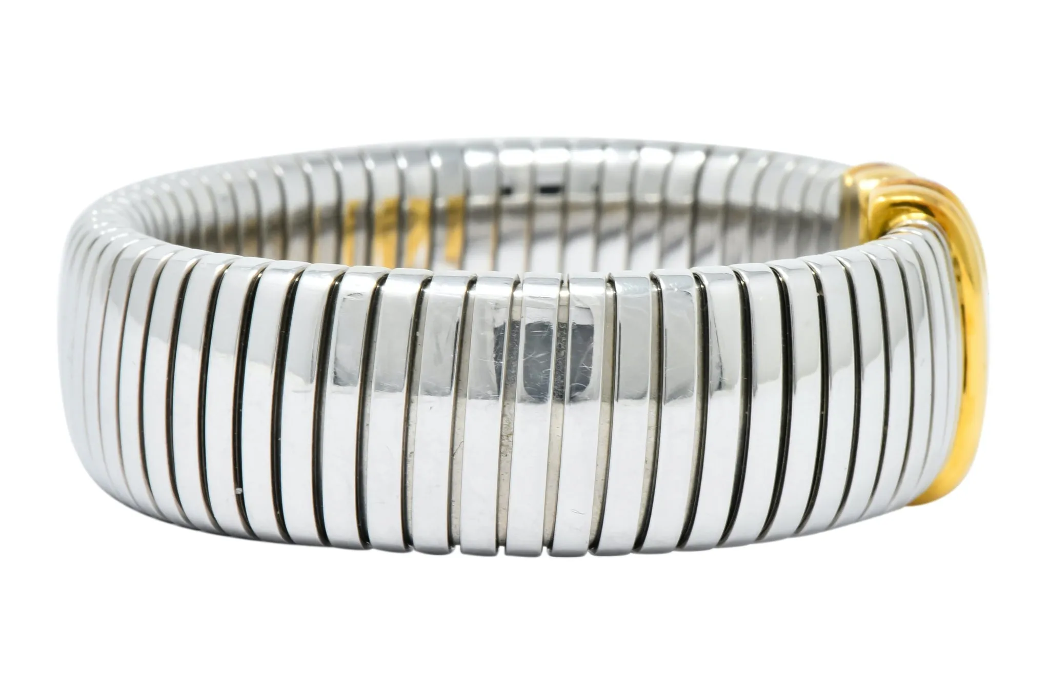 Bulgari 18 Karat Gold Steel Parentesi Tubogas Cuff Bracelet