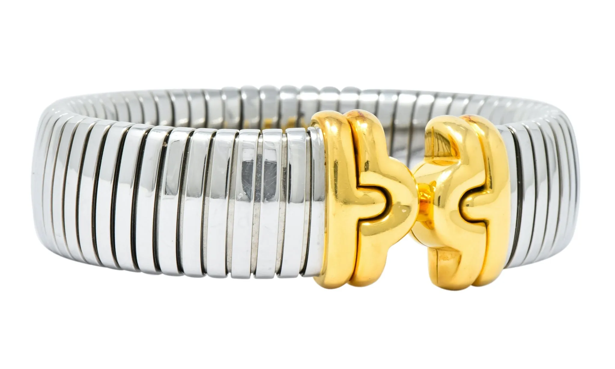 Bulgari 18 Karat Gold Steel Parentesi Tubogas Cuff Bracelet
