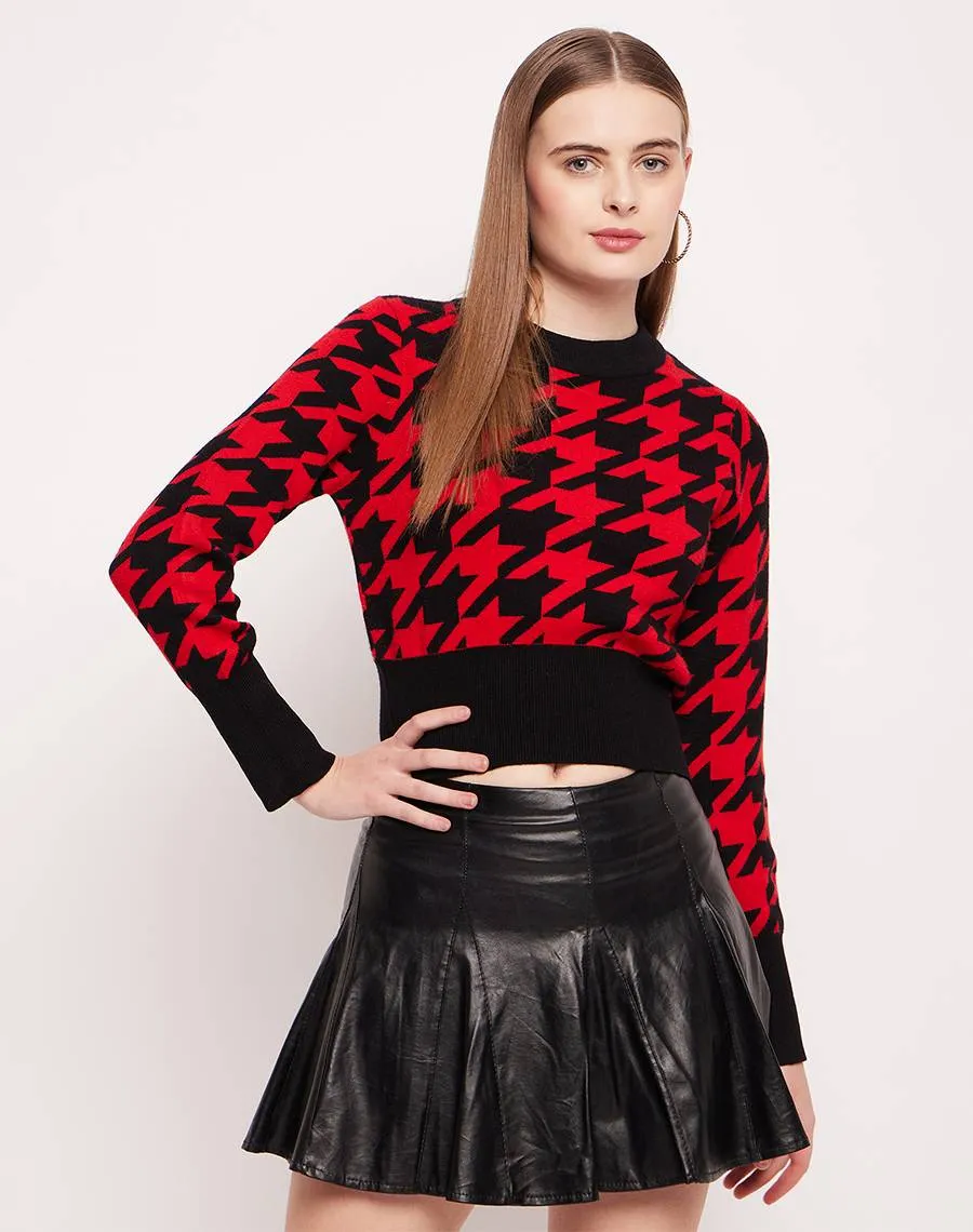 Camla Barcelona Geometric Print Red Crop Sweater