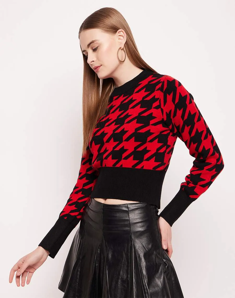 Camla Barcelona Geometric Print Red Crop Sweater