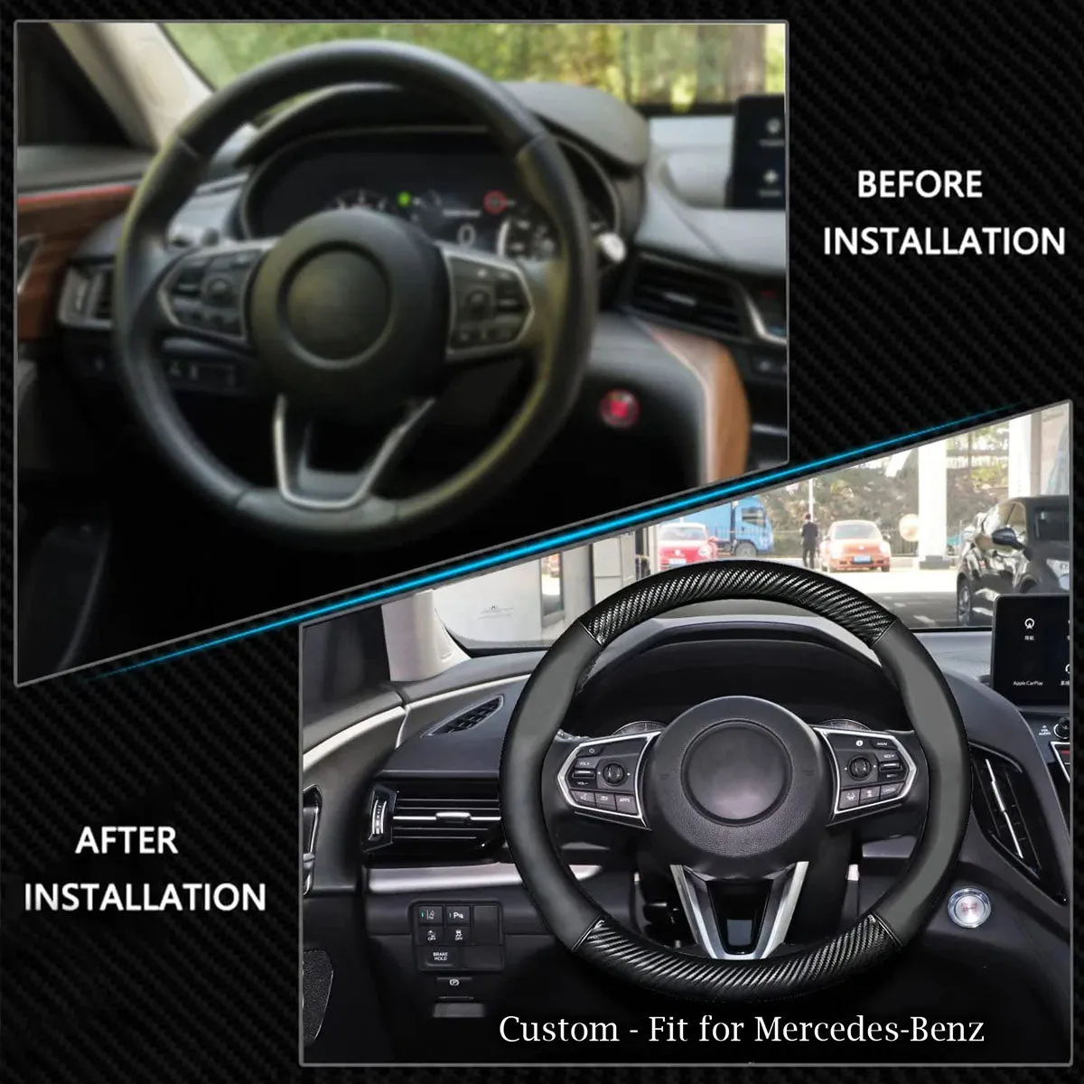 Car Steering Wheel Cover, Custom Logo For Your Cars, Leather Nonslip 3D Carbon Fiber Texture Sport Style Wheel Cover for Women, Interior Modification for All Car Accessories MB18992