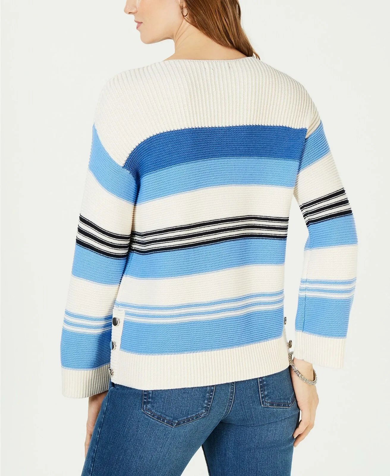 Charter Club Women's Striped Button-Trim Sweater Admiral Navy Large