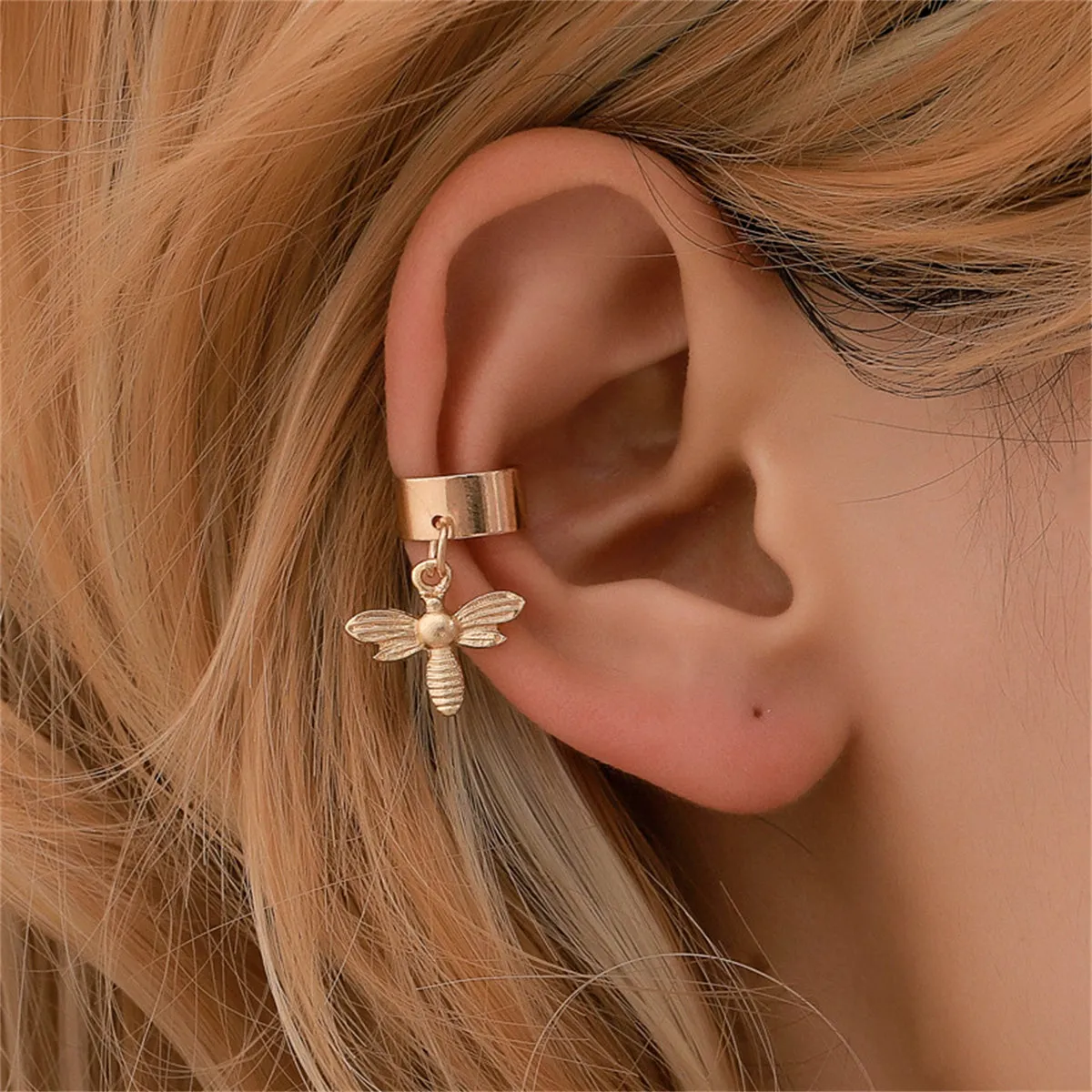 Clear Cubic Zirconia & 18K Gold-Plated Bee Charm Two-Piece Ear Cuff Set