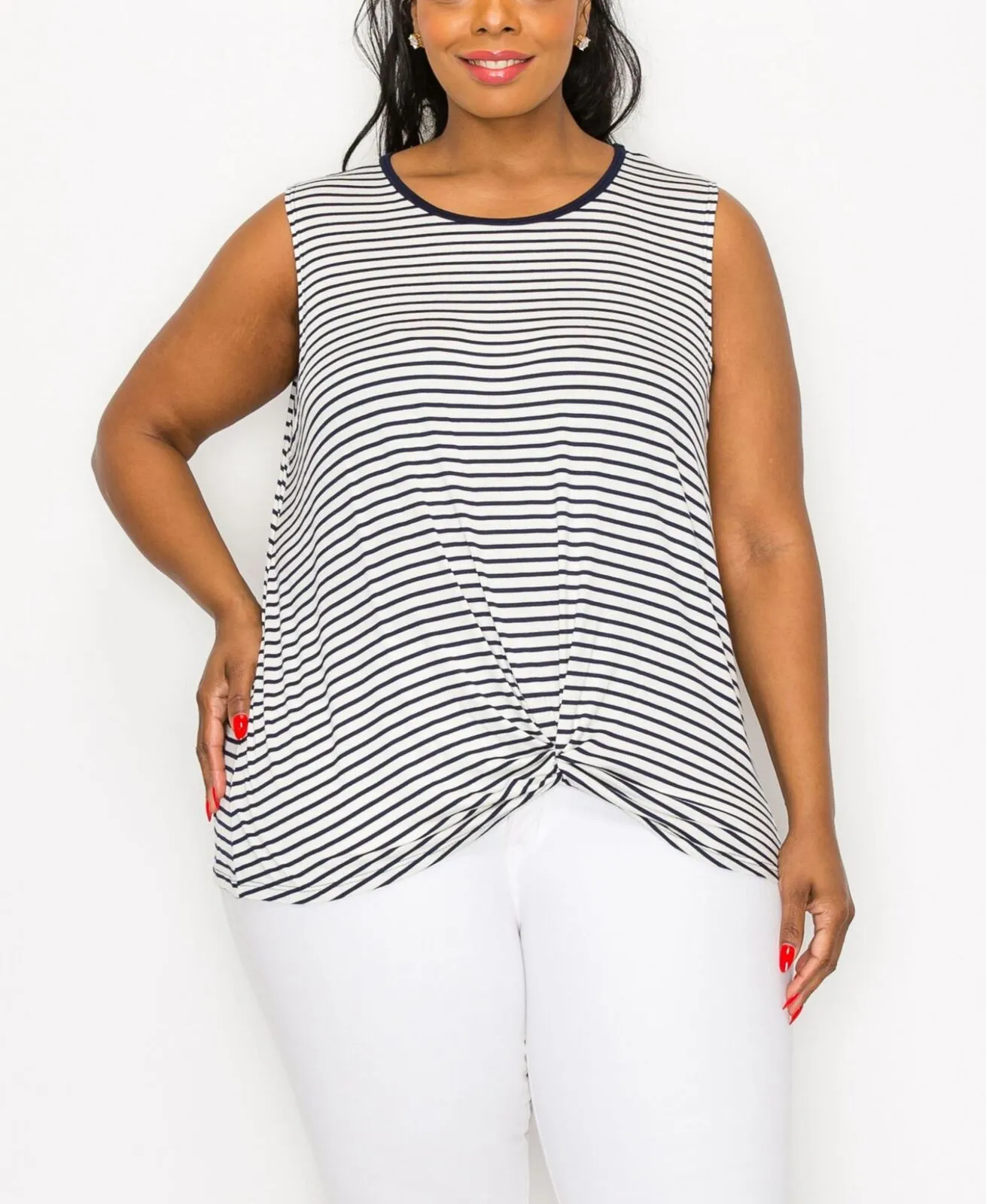 Coin 1804 Plus Size Contrast Binding Front Twist Tank Top Ivory / Navy Blue 1X