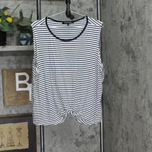 Coin 1804 Plus Size Contrast Binding Front Twist Tank Top Ivory / Navy Blue 1X