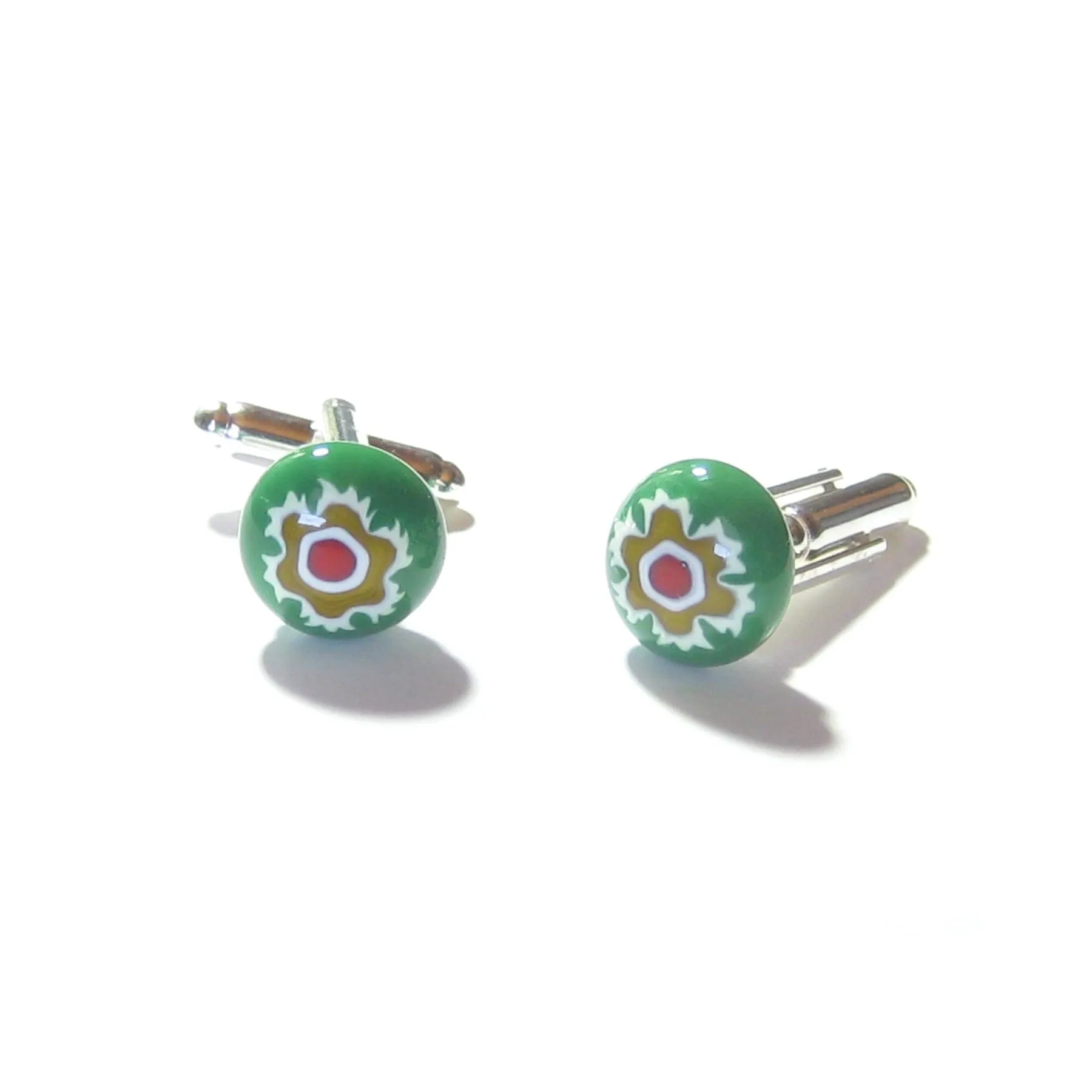 Colorful Green Murano Glass Millefiori Cuff Links, Italian Glass Jewelry