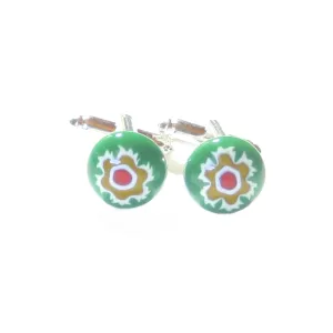 Colorful Green Murano Glass Millefiori Cuff Links, Italian Glass Jewelry