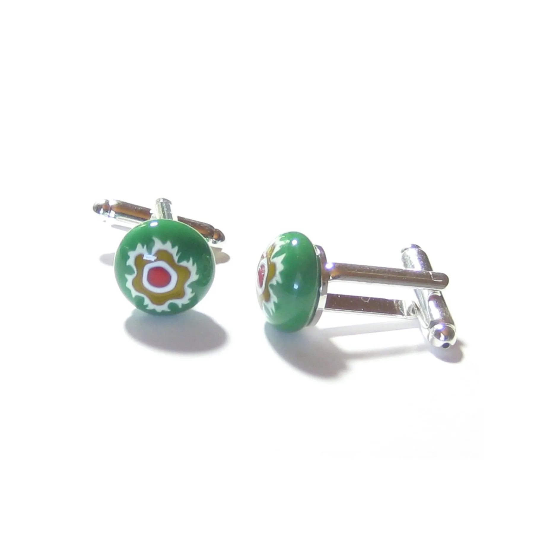 Colorful Green Murano Glass Millefiori Cuff Links, Italian Glass Jewelry