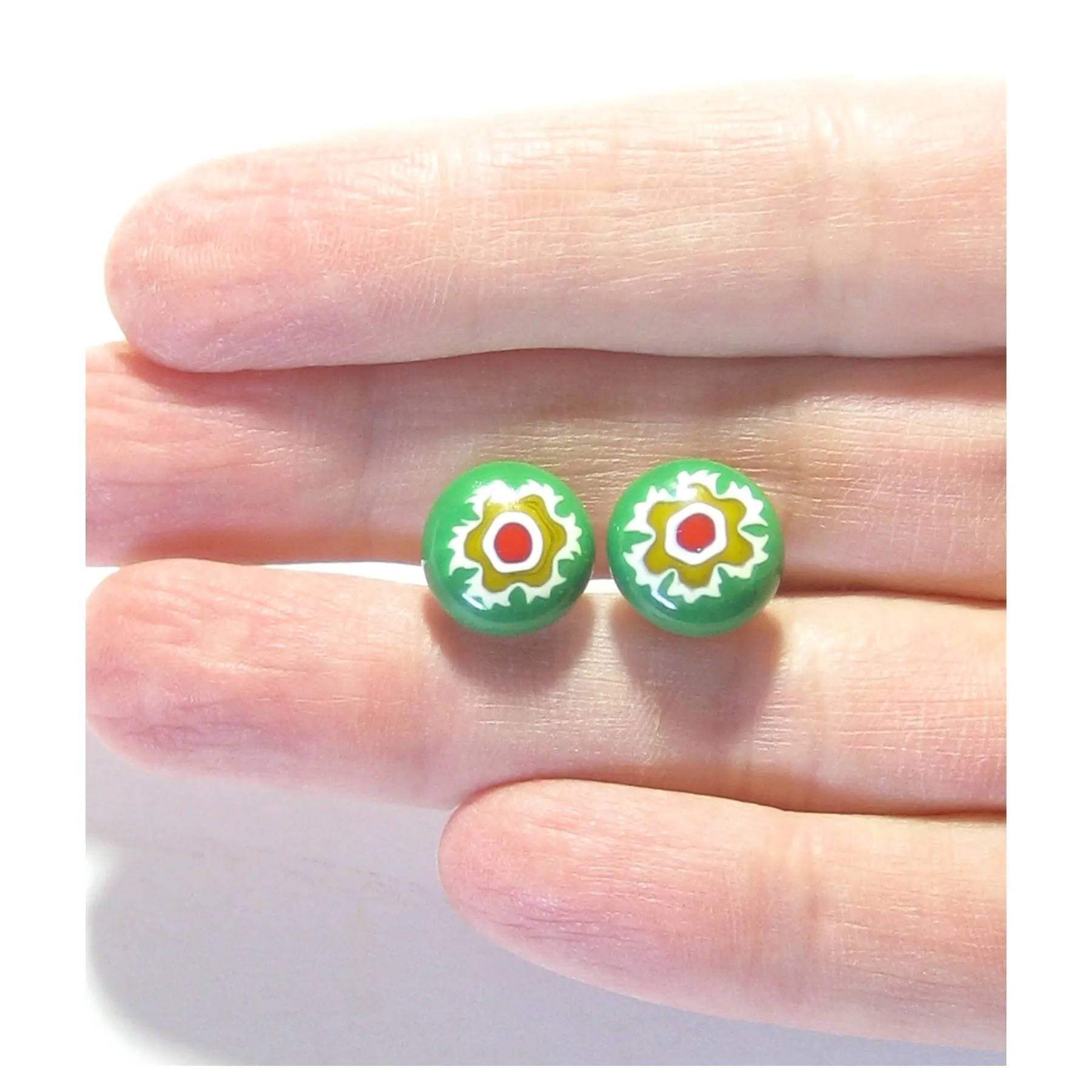 Colorful Green Murano Glass Millefiori Cuff Links, Italian Glass Jewelry