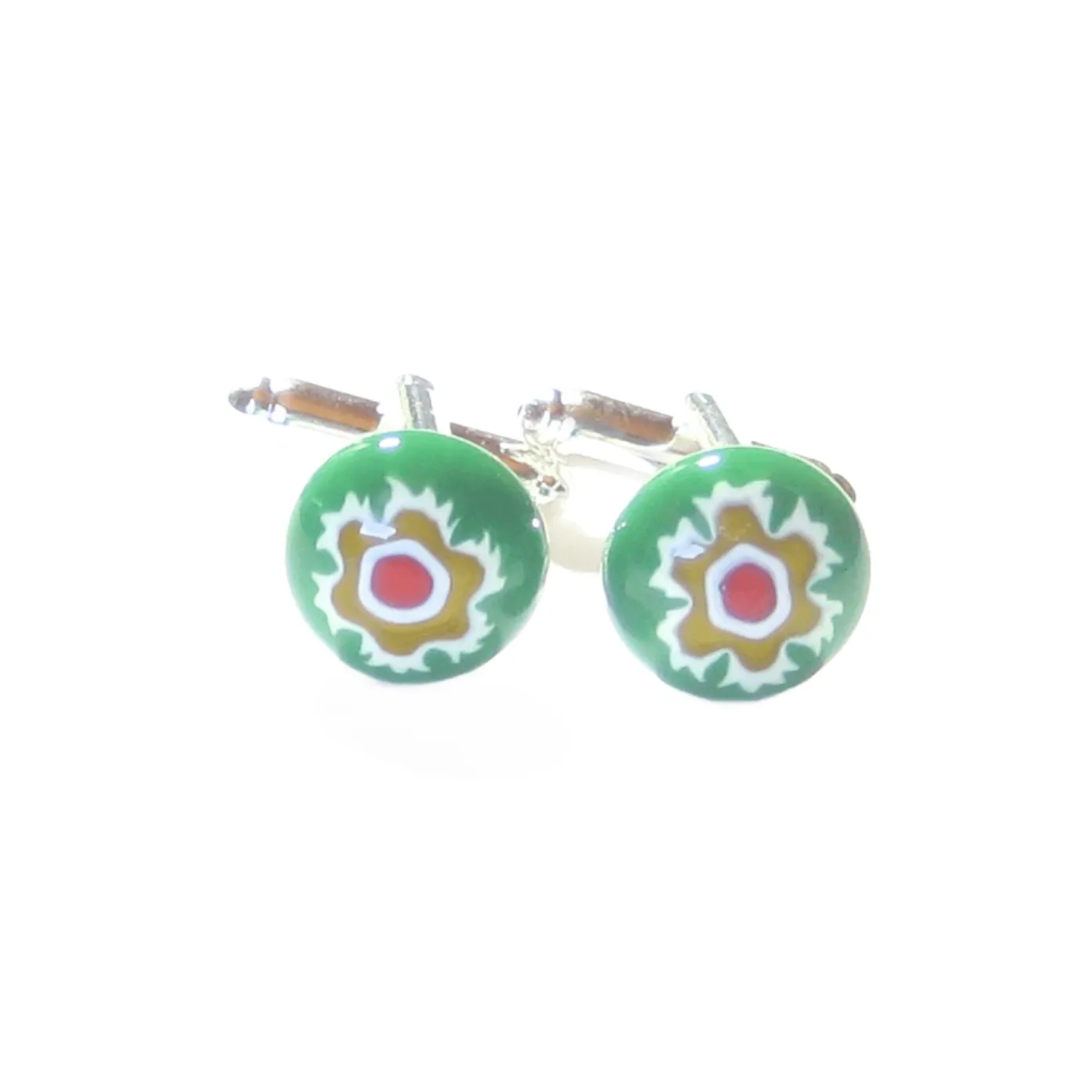 Colorful Green Murano Glass Millefiori Cuff Links, Italian Glass Jewelry