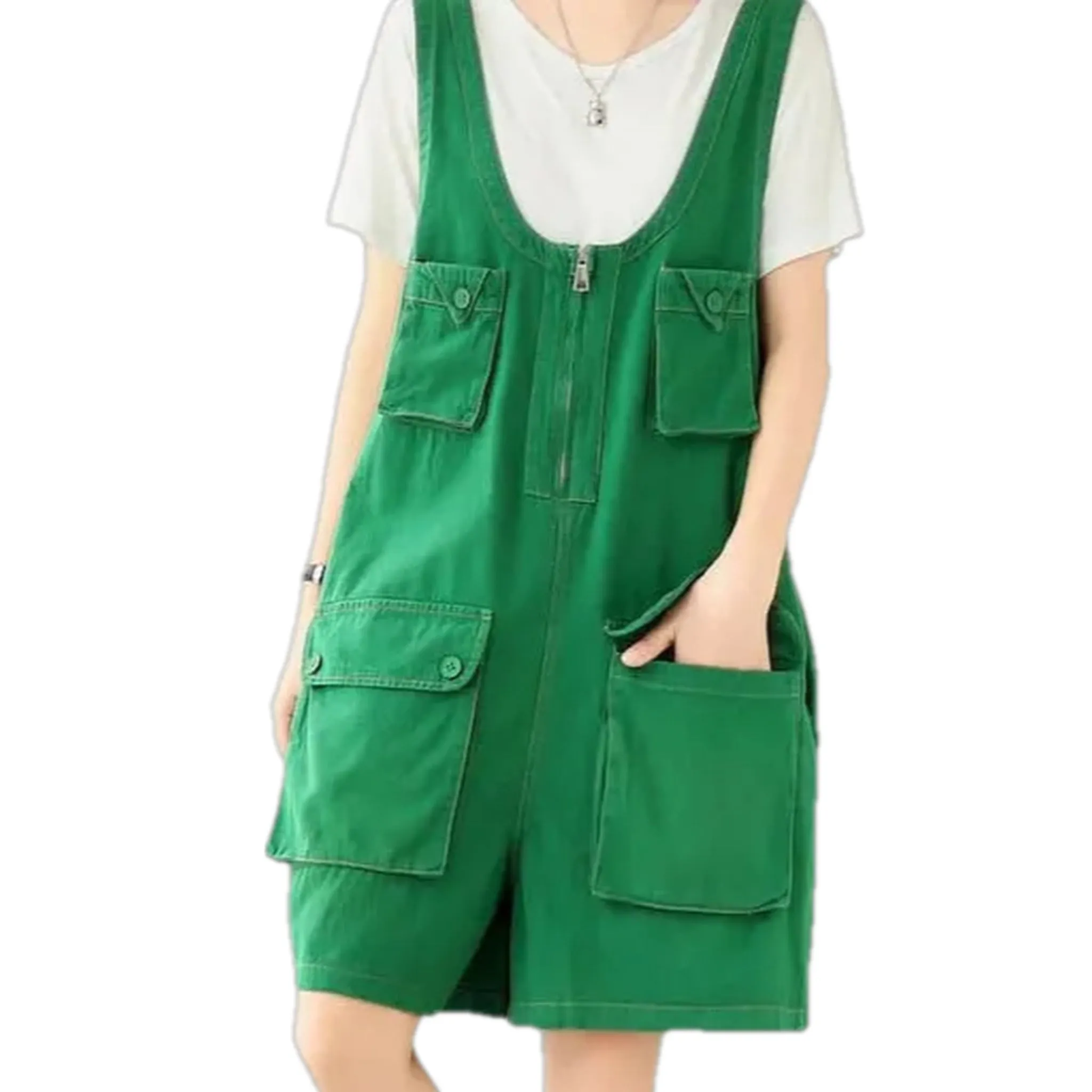 Colorful roomy style denim romper for ladies