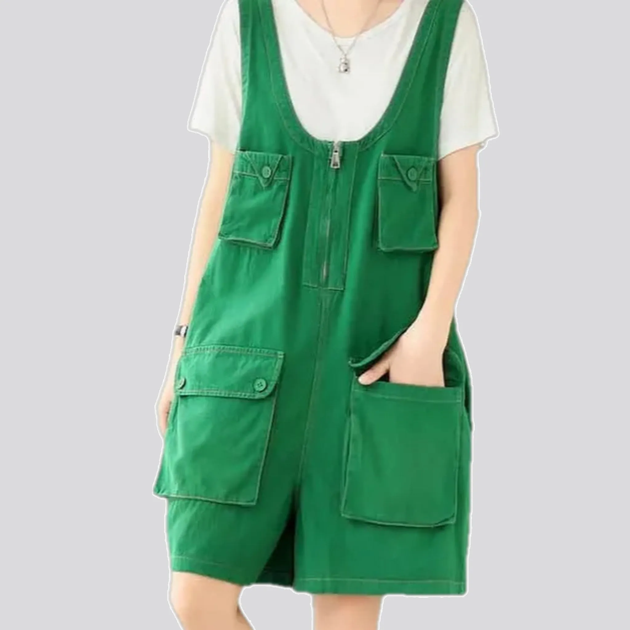 Colorful roomy style denim romper for ladies