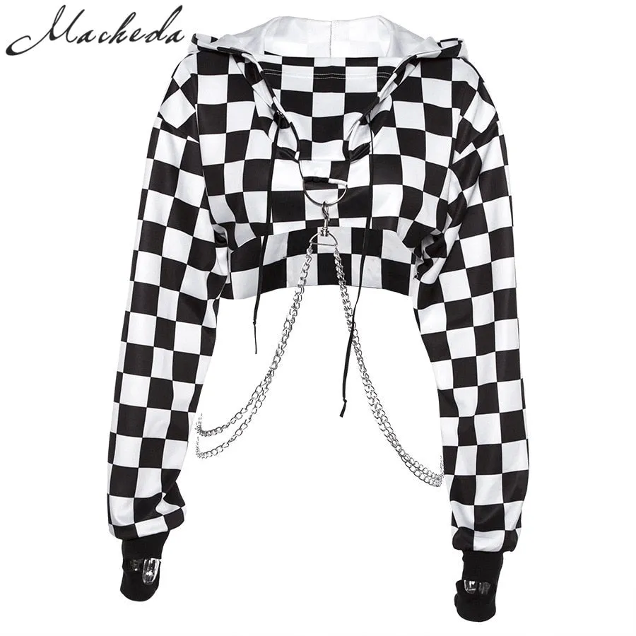 Cropped Hoodie Sweatshirt Black White with Chains
