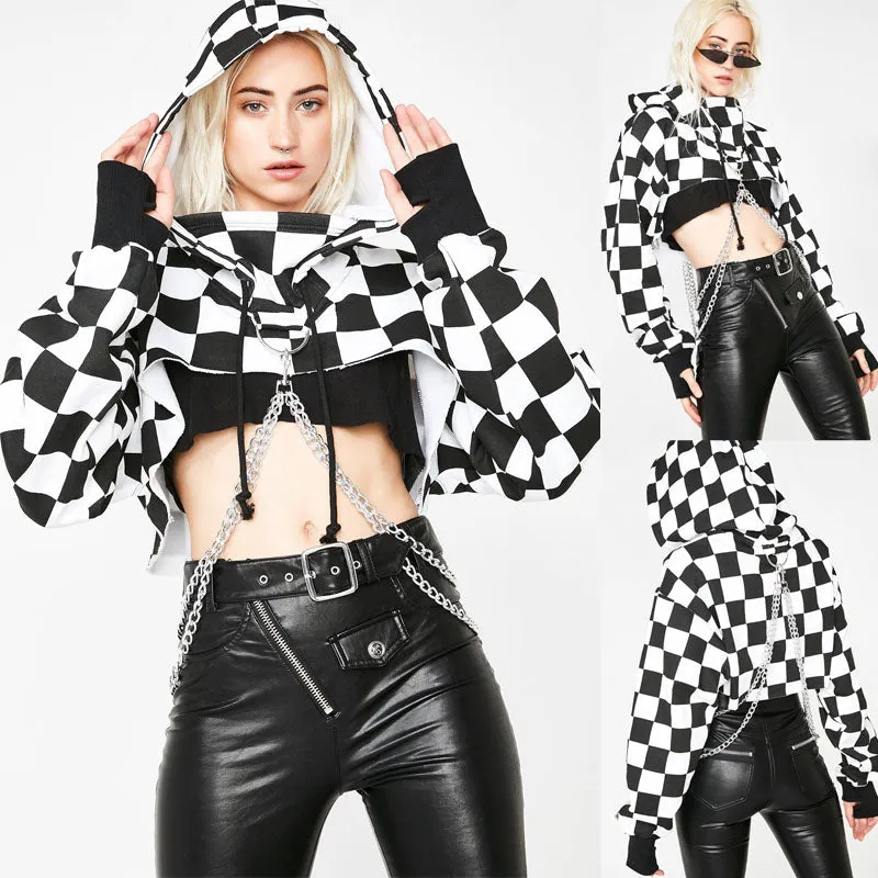 Cropped Hoodie Sweatshirt Black White with Chains
