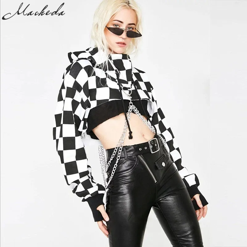 Cropped Hoodie Sweatshirt Black White with Chains