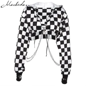 Cropped Hoodie Sweatshirt Black White with Chains