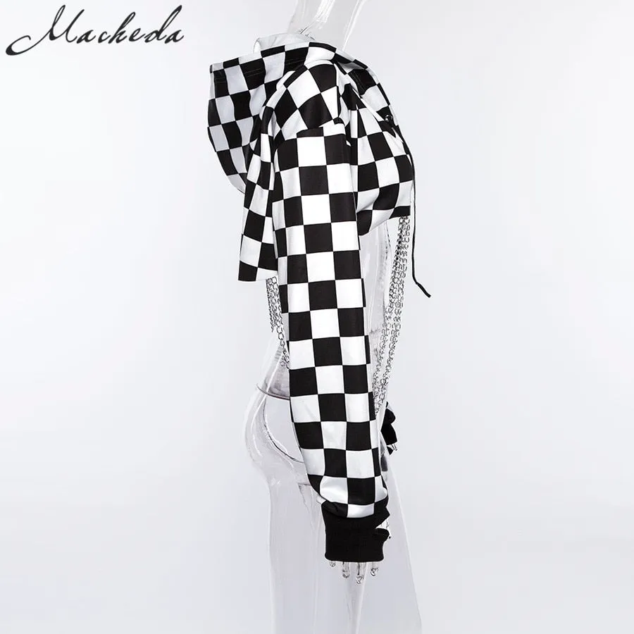 Cropped Hoodie Sweatshirt Black White with Chains