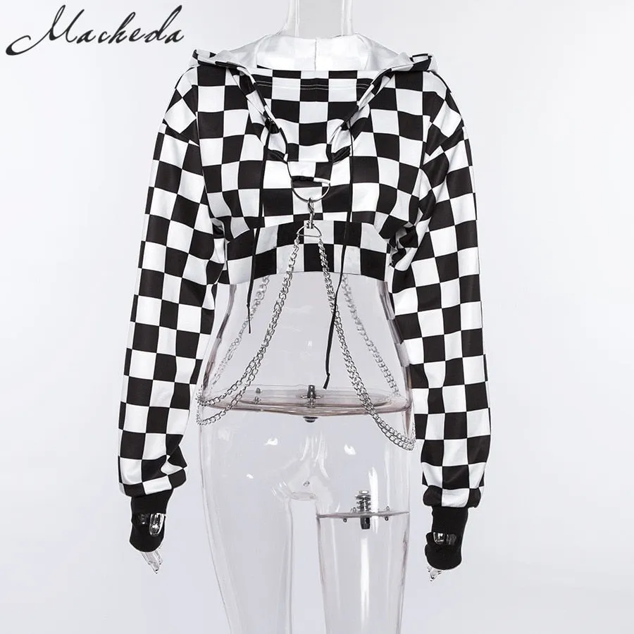 Cropped Hoodie Sweatshirt Black White with Chains