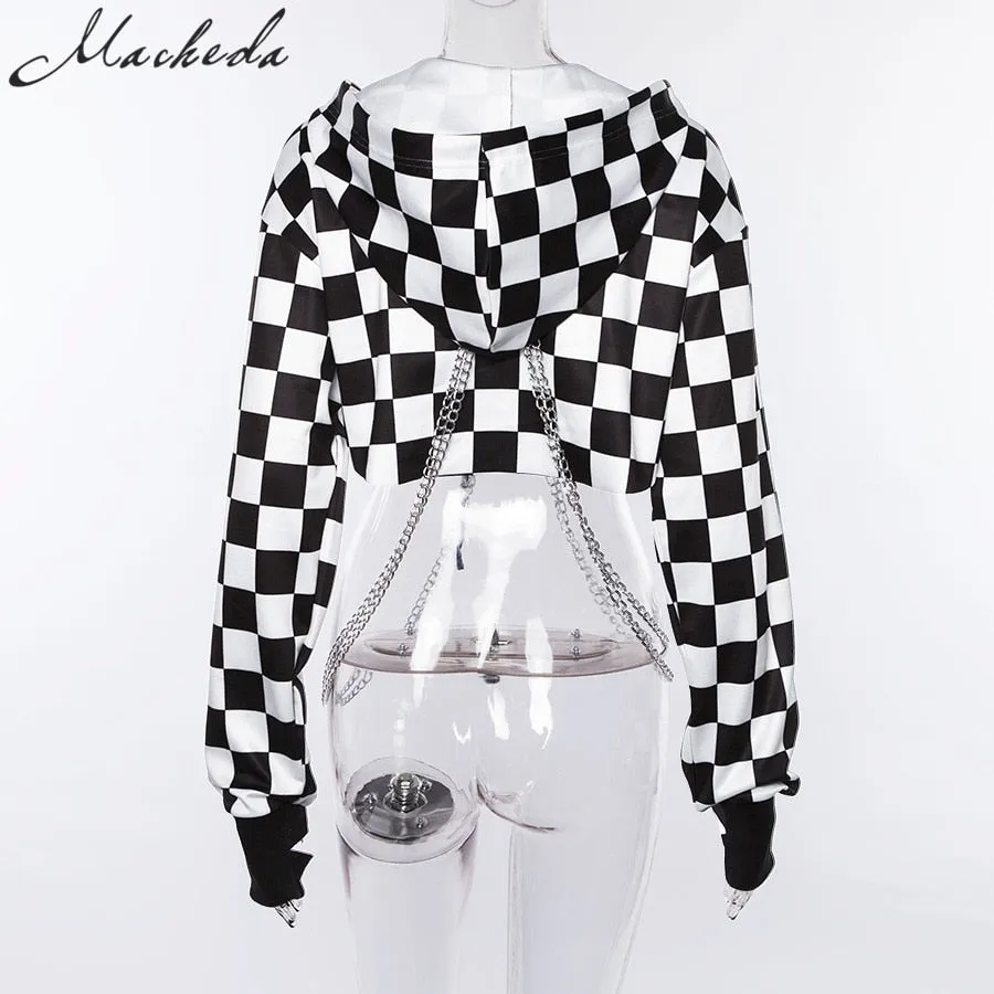 Cropped Hoodie Sweatshirt Black White with Chains