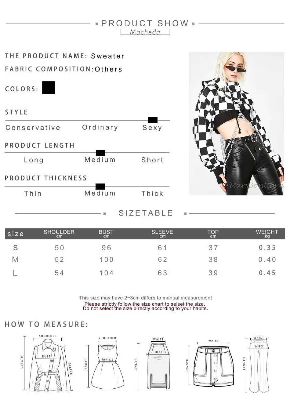 Cropped Hoodie Sweatshirt Black White with Chains