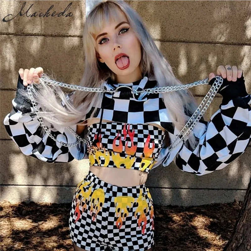 Cropped Hoodie Sweatshirt Black White with Chains