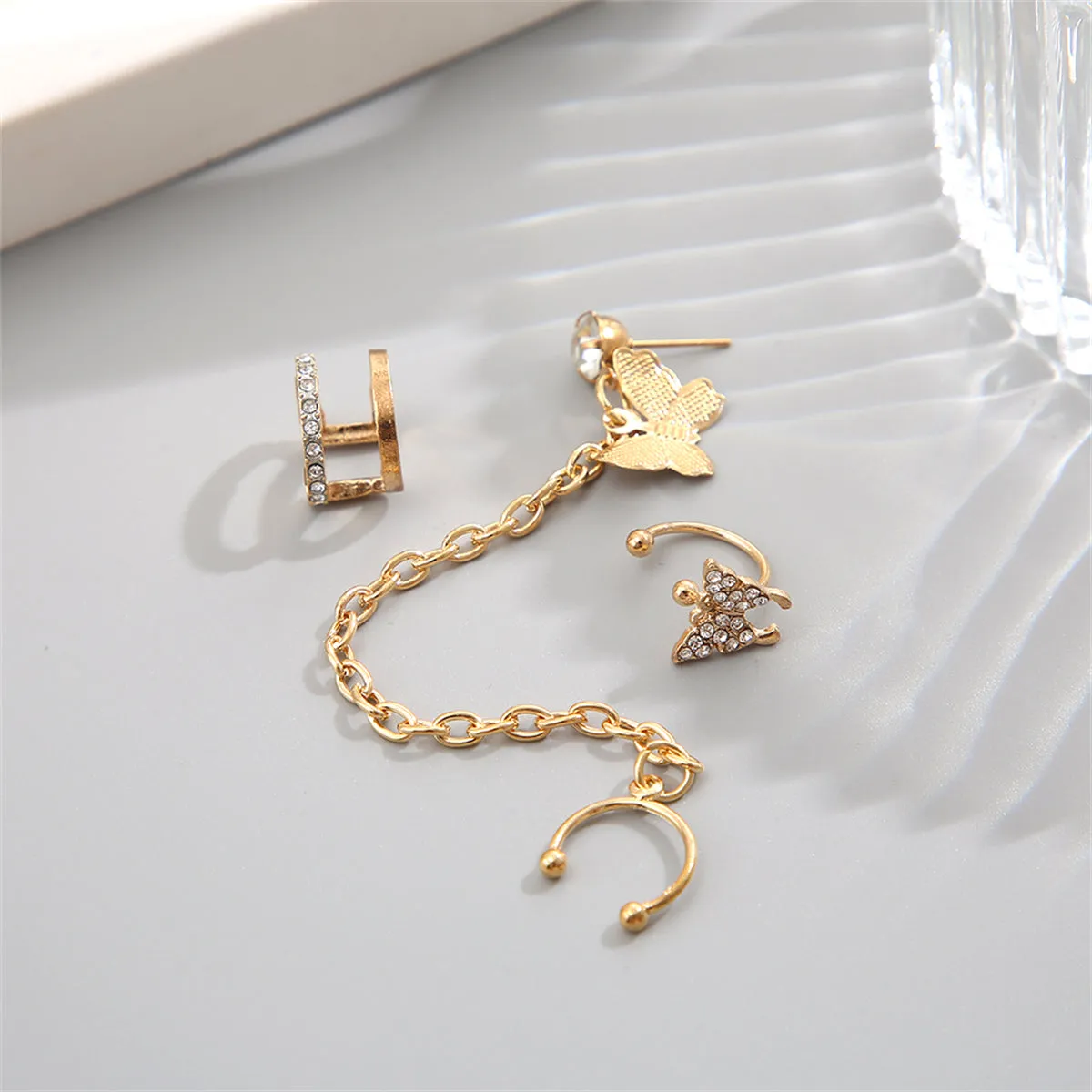 Cubic Zirconia & 18K Gold-Plated Butterfly Chain Ear Cuff Set