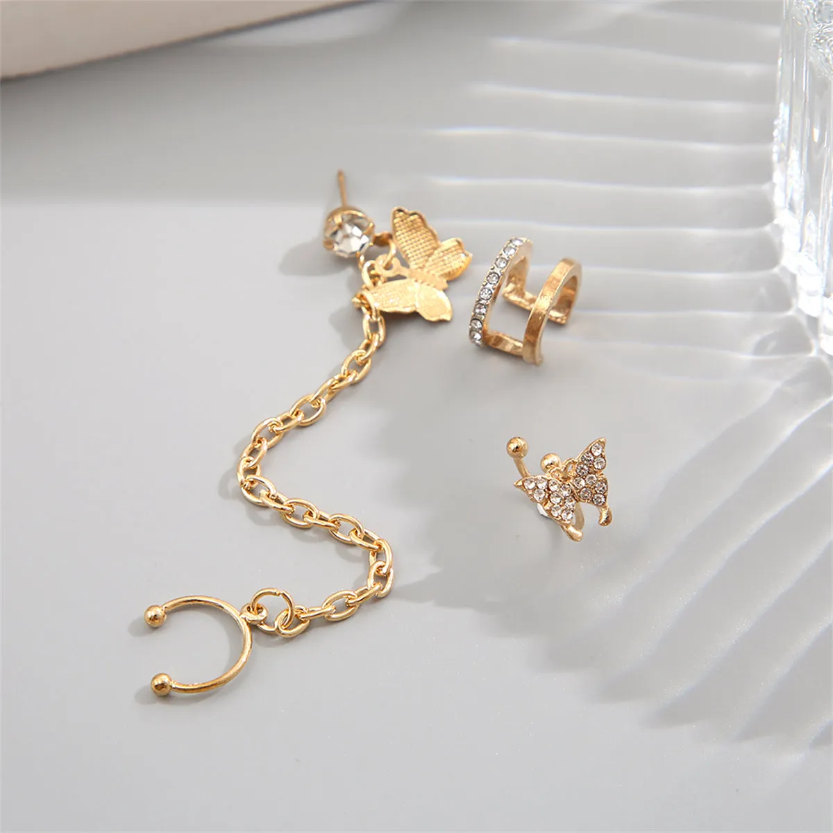 Cubic Zirconia & 18K Gold-Plated Butterfly Chain Ear Cuff Set