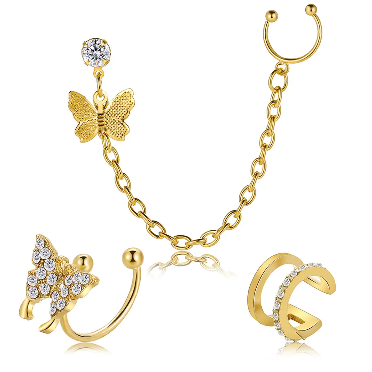 Cubic Zirconia & 18K Gold-Plated Butterfly Chain Ear Cuff Set