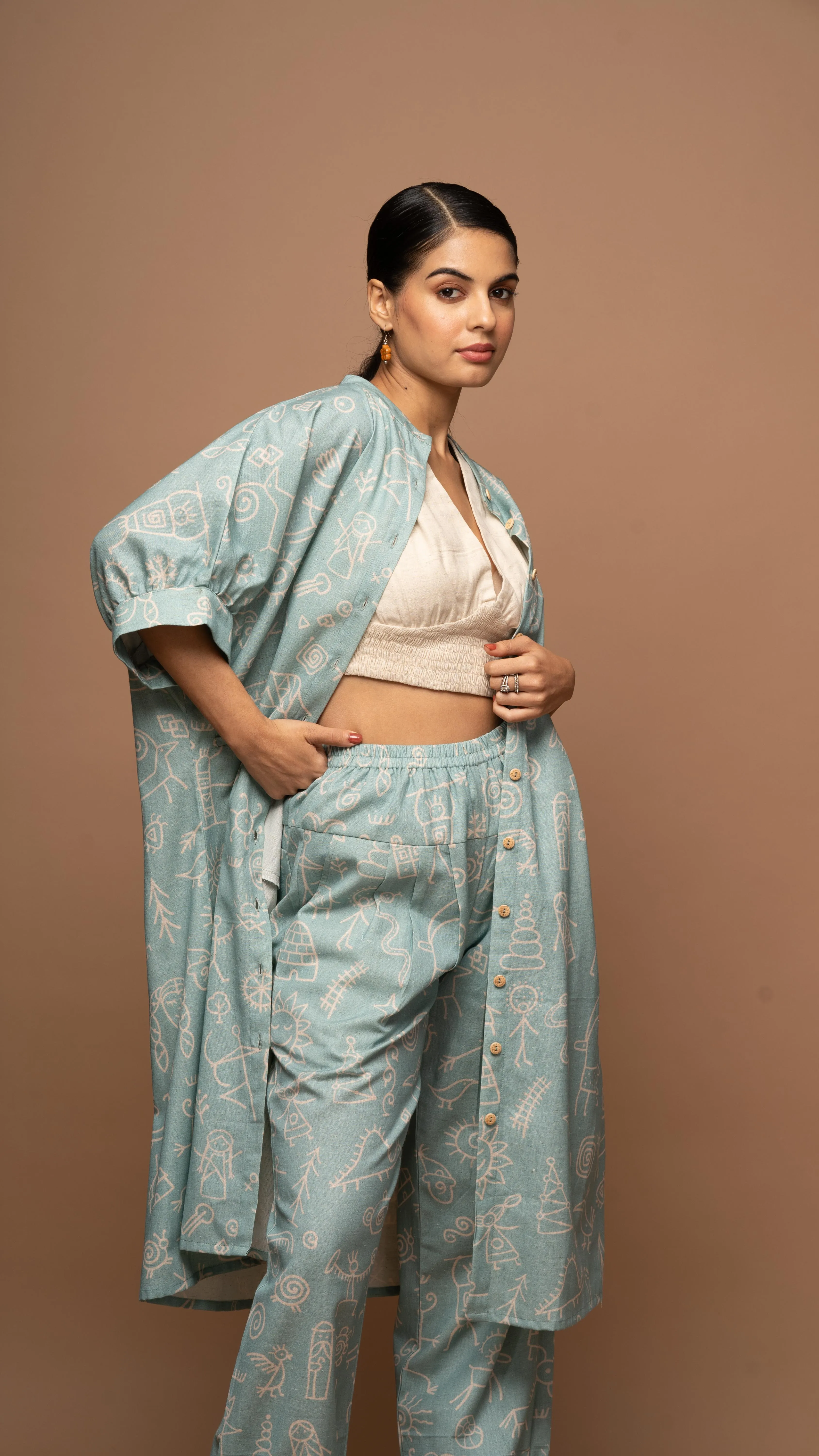 Dusty Blue Bliss Co-ord Pants Set in In our cave Pattern