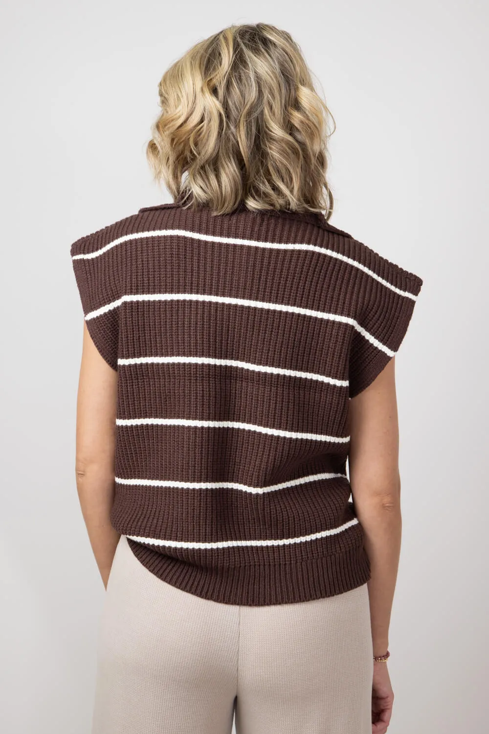 Elan Stripe Zip Neck Cap Sleeve Sweater Shirt for Women in Brown Beige | SWS10850-BRNBEI