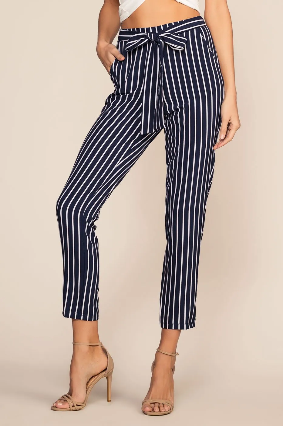Elsbeth Stripe Highwaist Crop Pants - Navy
