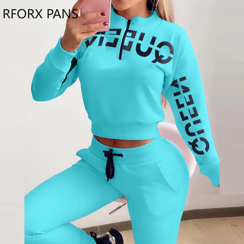 Ensemble femme 2 pieces / Women Letter Letter Print Zipper Design Top &amp; Drawstring Pants Set Casual Women Sets