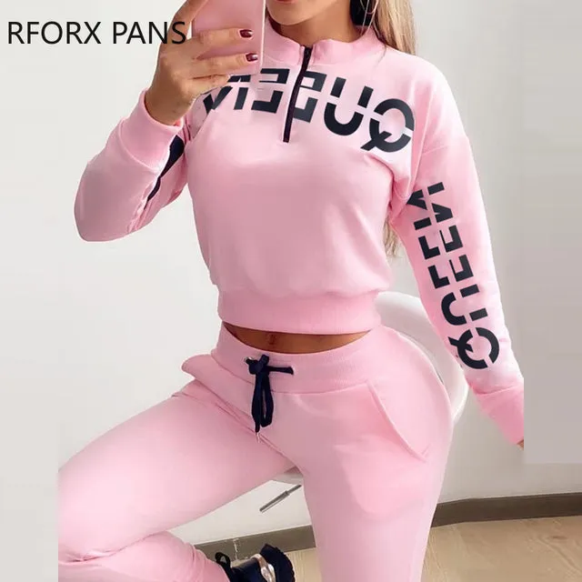 Ensemble femme 2 pieces / Women Letter Letter Print Zipper Design Top &amp; Drawstring Pants Set Casual Women Sets