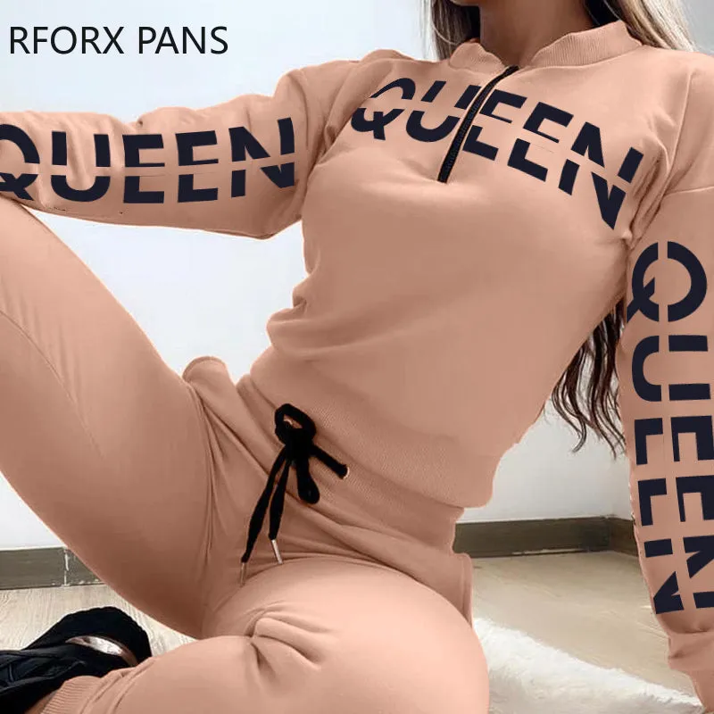 Ensemble femme 2 pieces / Women Letter Letter Print Zipper Design Top &amp; Drawstring Pants Set Casual Women Sets