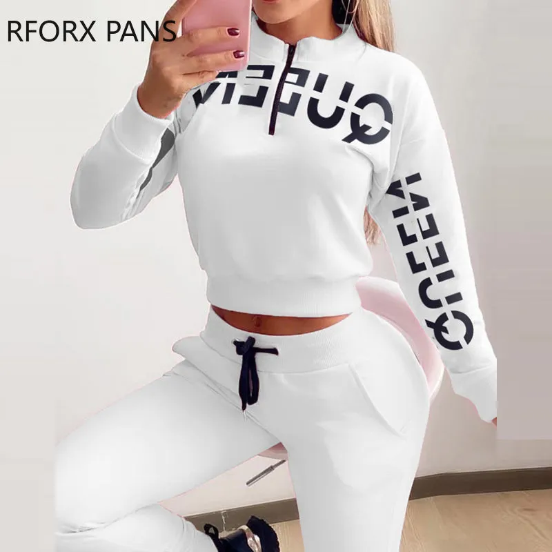 Ensemble femme 2 pieces / Women Letter Letter Print Zipper Design Top &amp; Drawstring Pants Set Casual Women Sets