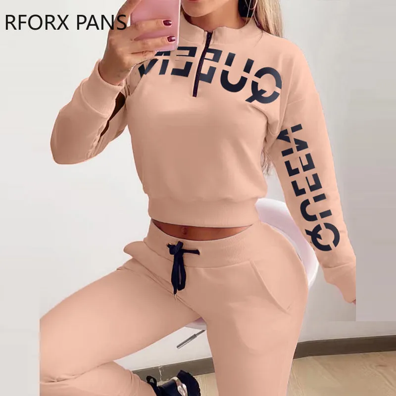 Ensemble femme 2 pieces / Women Letter Letter Print Zipper Design Top &amp; Drawstring Pants Set Casual Women Sets