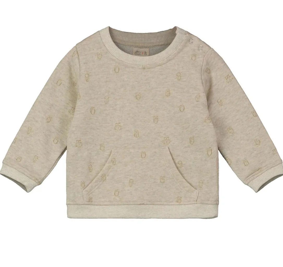 Ettie & H “Mawgan” Cotton Sweatshirt with Front Pouch in Oatmeal Owls Pattern : Sizes NB to 18/24M
