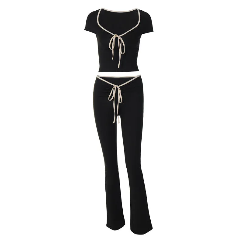 European And American-StyleinsStyle Women's Clothing Summer New Fashion Square Collar Exposed NavelTT-shirt Top Drawstring Tight Bootcut Trousers Two-Piece Set