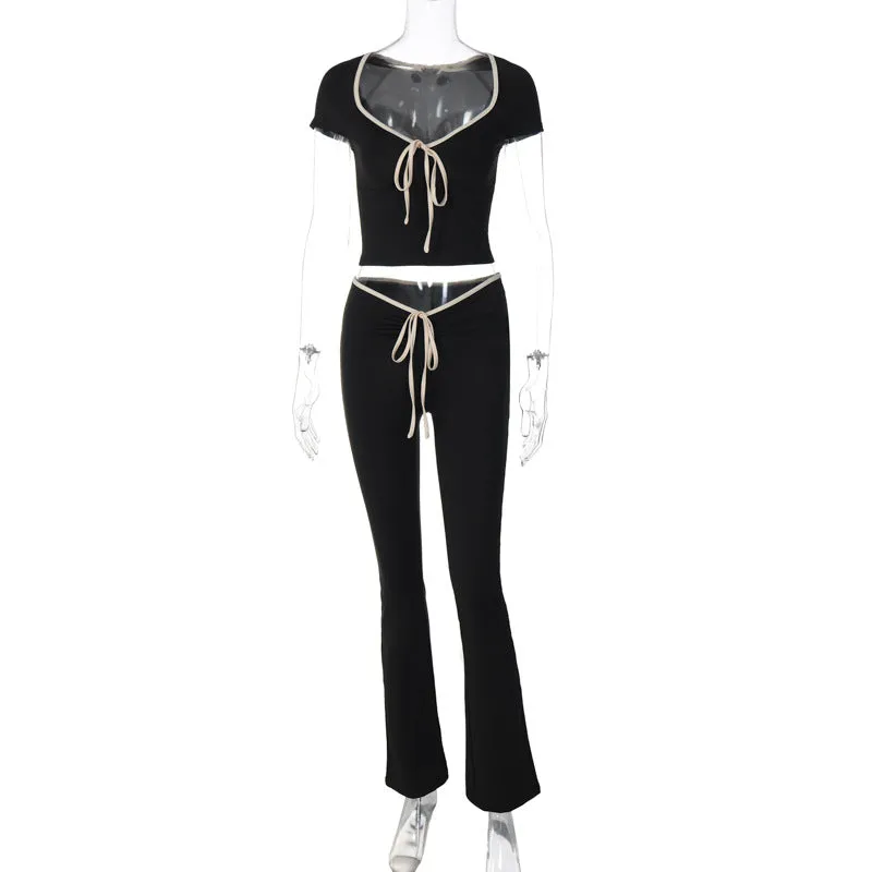 European And American-StyleinsStyle Women's Clothing Summer New Fashion Square Collar Exposed NavelTT-shirt Top Drawstring Tight Bootcut Trousers Two-Piece Set