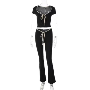 European And American-StyleinsStyle Women's Clothing Summer New Fashion Square Collar Exposed NavelTT-shirt Top Drawstring Tight Bootcut Trousers Two-Piece Set