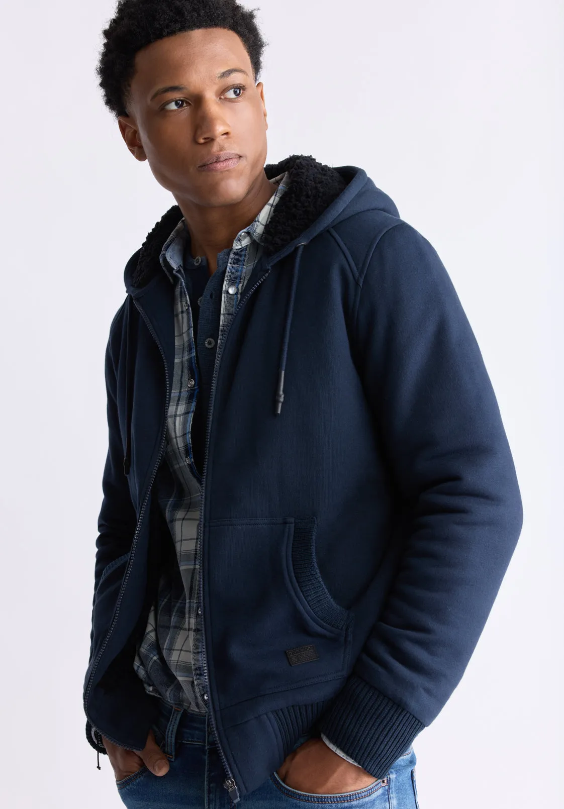 Fasox Men's Zip-Up Hooded Jacket with Sherpa Lining, Midnight Blue - BM24463