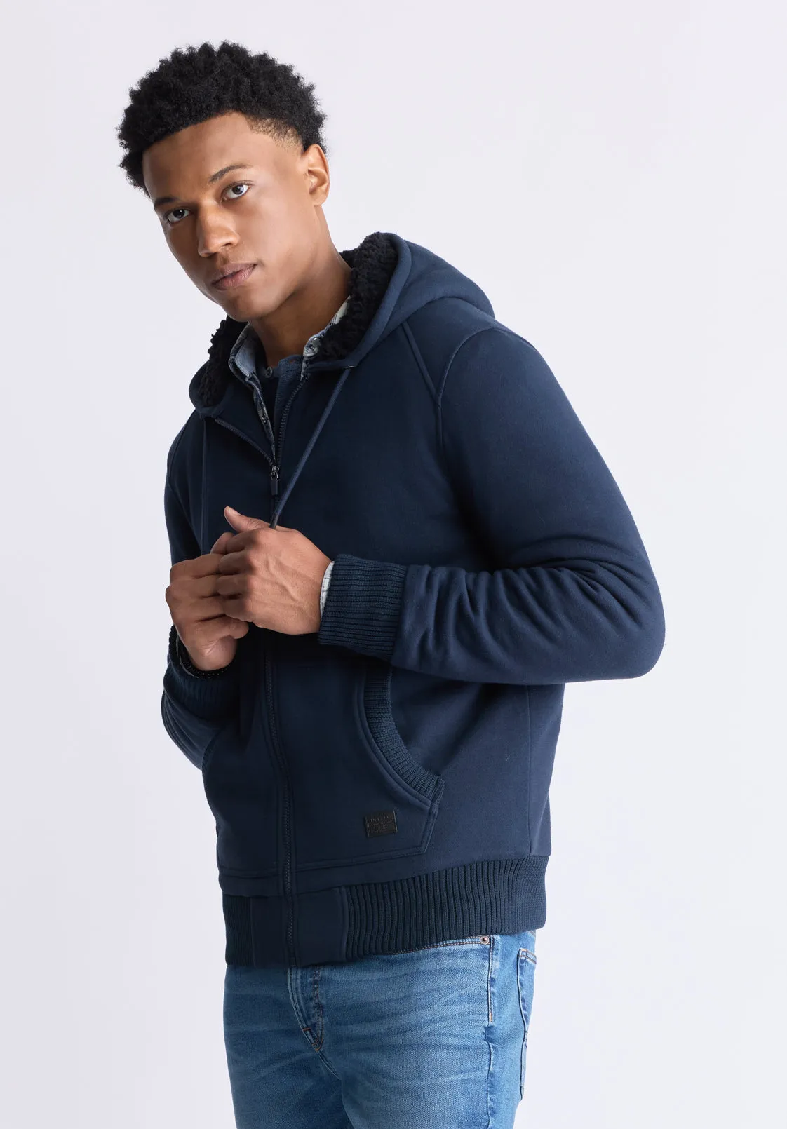 Fasox Men's Zip-Up Hooded Jacket with Sherpa Lining, Midnight Blue - BM24463