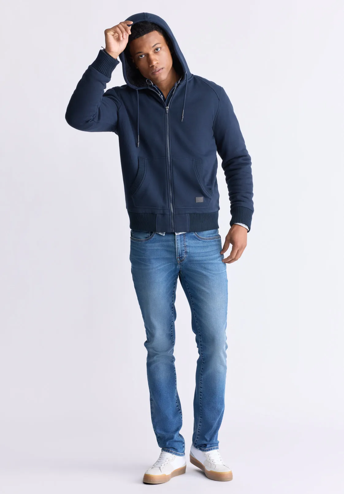 Fasox Men's Zip-Up Hooded Jacket with Sherpa Lining, Midnight Blue - BM24463