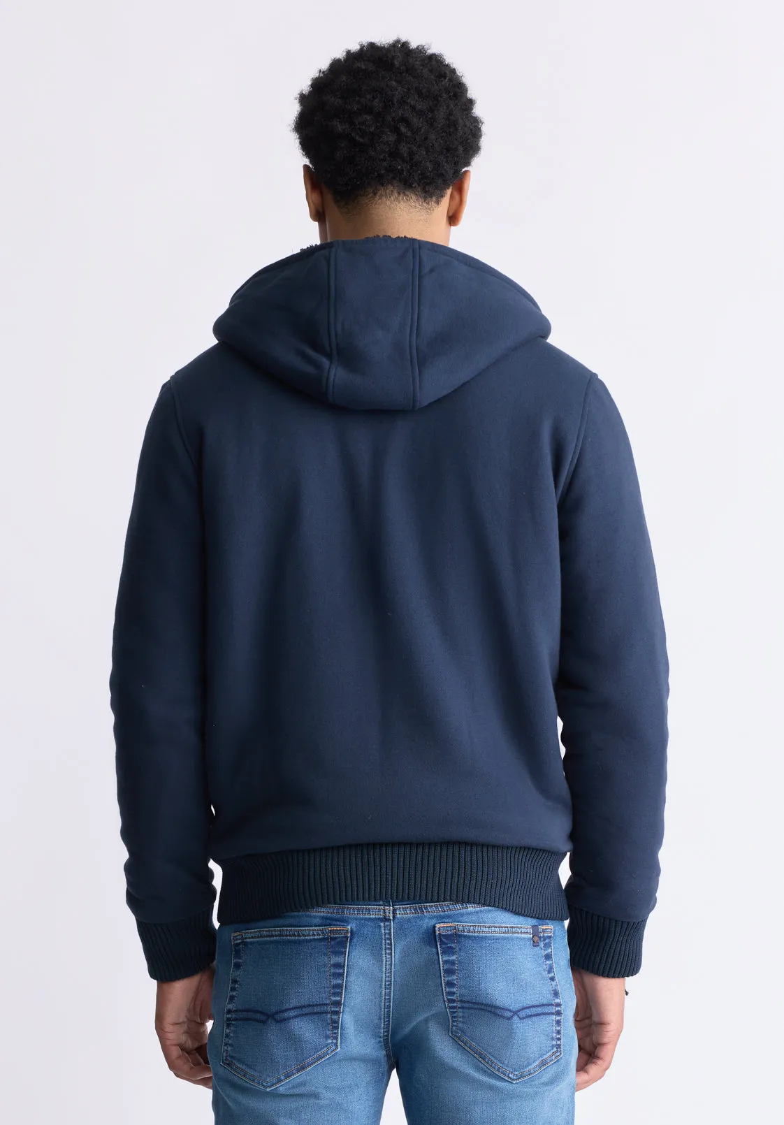 Fasox Men's Zip-Up Hooded Jacket with Sherpa Lining, Midnight Blue - BM24463