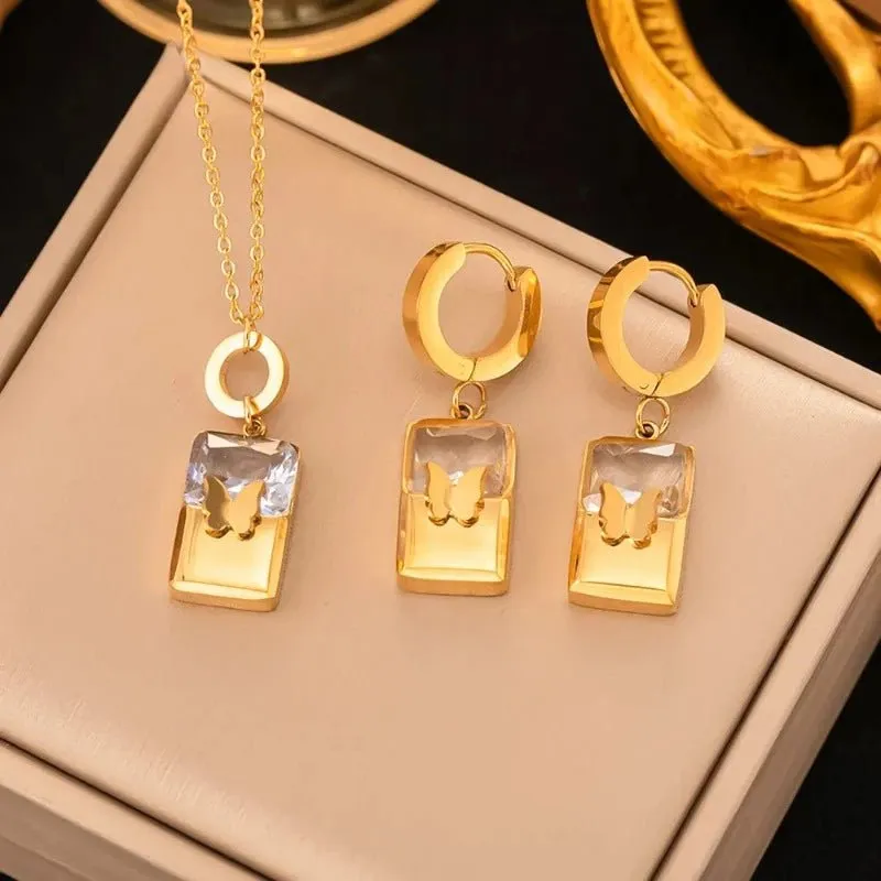 Four-leaf Clover Earrings Necklace Set For Women Drop Pendant Jewelry
