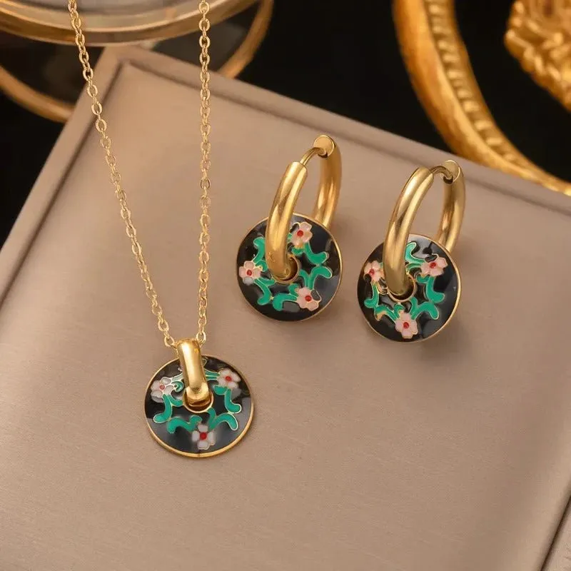 Four-leaf Clover Earrings Necklace Set For Women Drop Pendant Jewelry