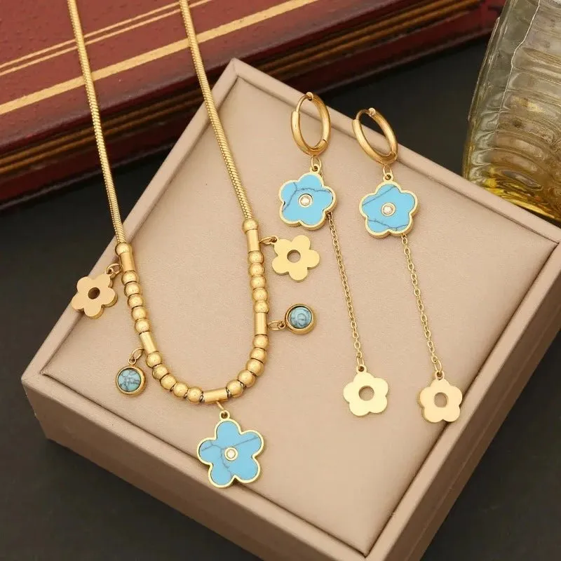 Four-leaf Clover Earrings Necklace Set For Women Drop Pendant Jewelry