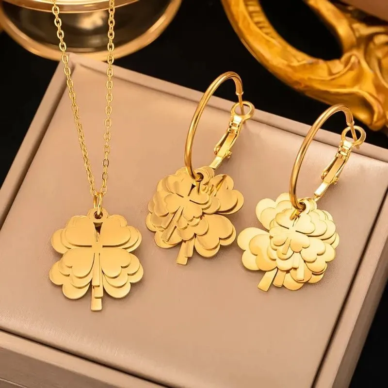Four-leaf Clover Earrings Necklace Set For Women Drop Pendant Jewelry