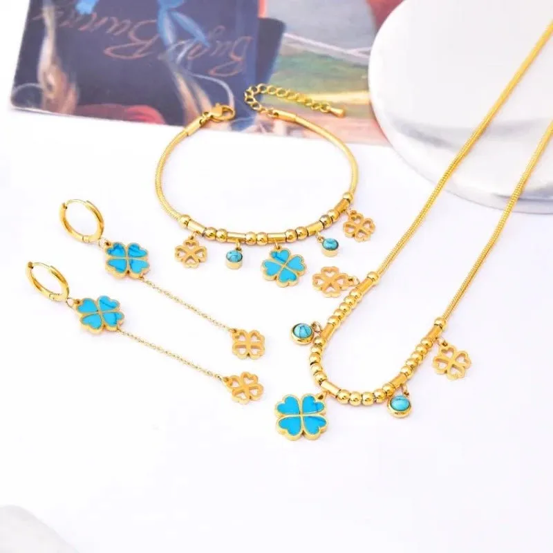 Four-leaf Clover Earrings Necklace Set For Women Drop Pendant Jewelry