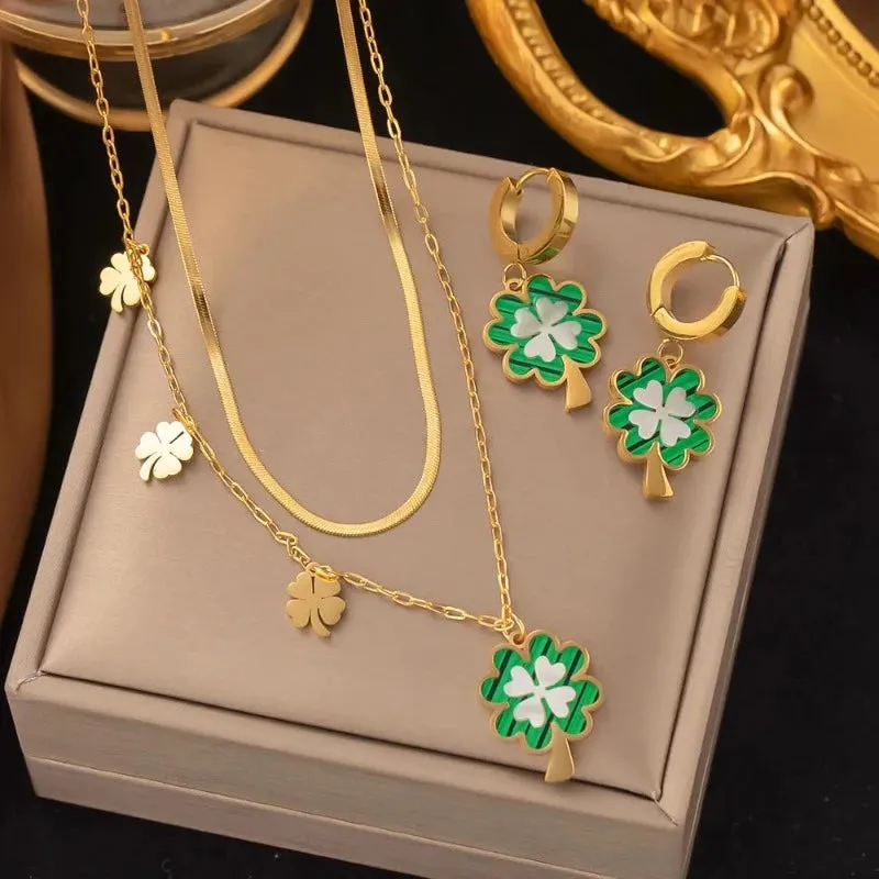 Four-leaf Clover Earrings Necklace Set For Women Drop Pendant Jewelry
